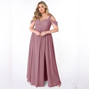 Azazie Pink Pleated Off-the-Shoulder Gown